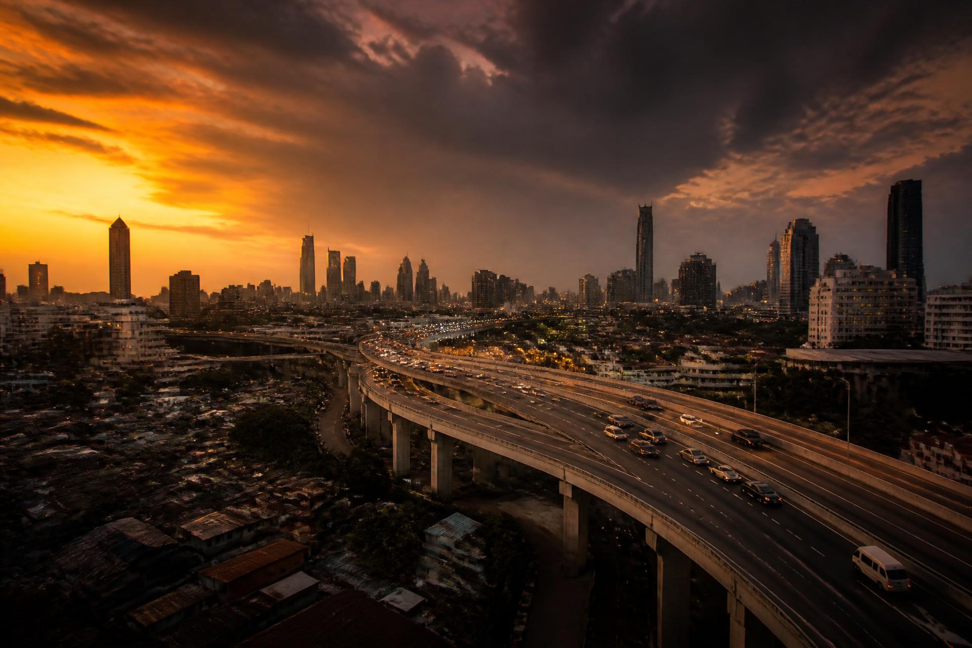 City skyline at dusk